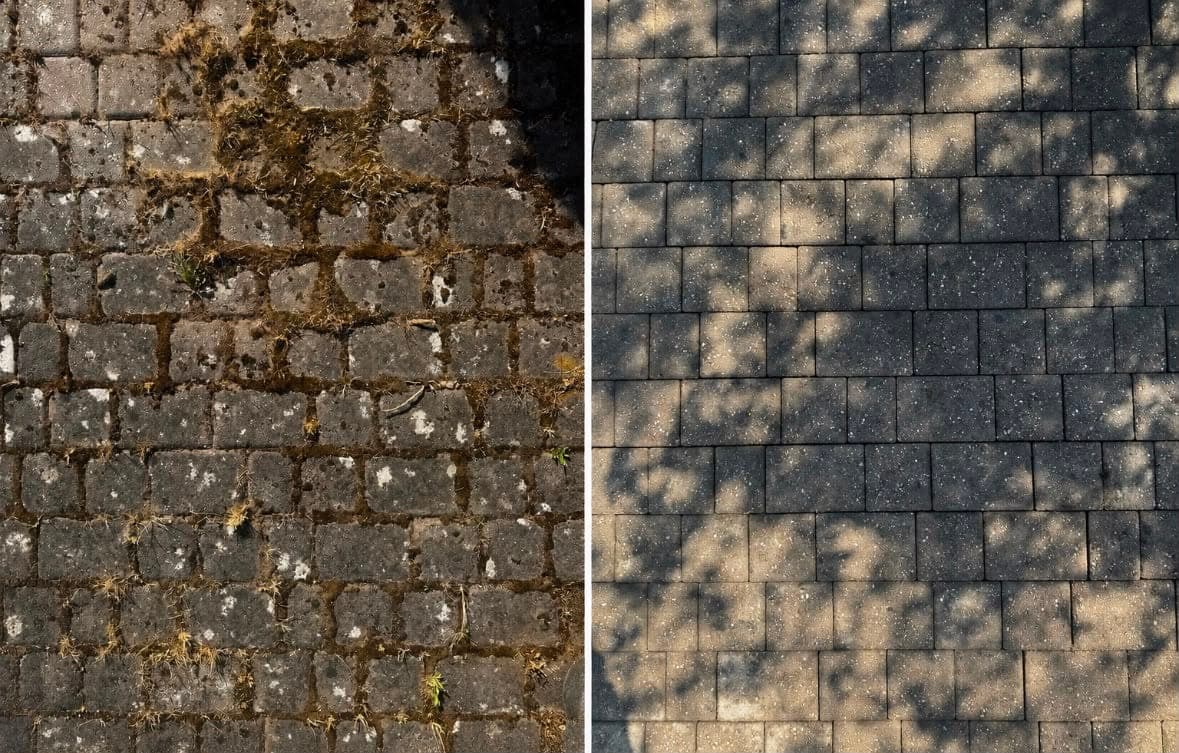 Before and after: block paving choked with moss and weeds, then the same paving cleaned back to bare stone