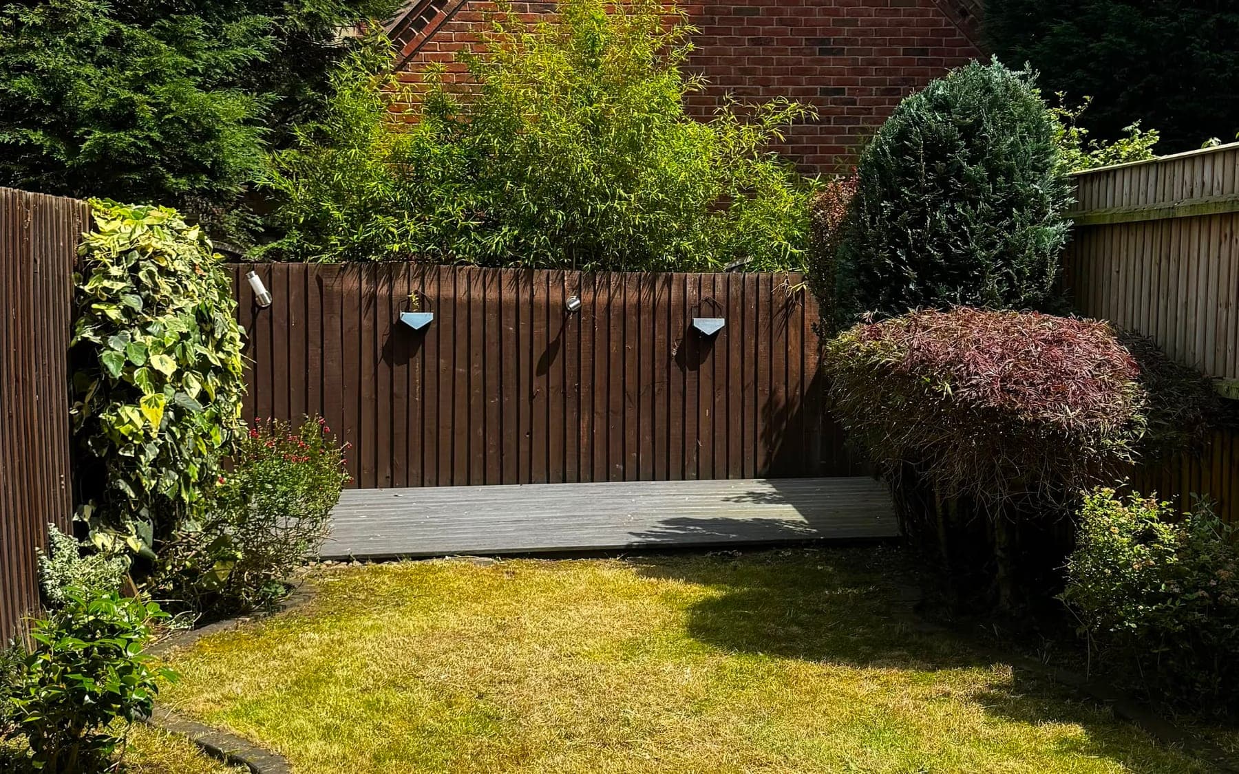 A cleared and tidied back garden with trimmed shrubs and decking